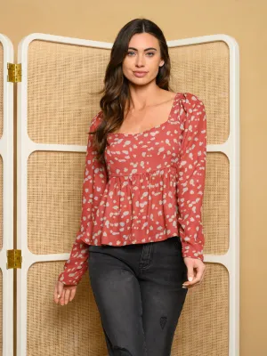 WOMEN'S LONG SLEEVE DOT SQUARE NECKLINE PRINT TOP