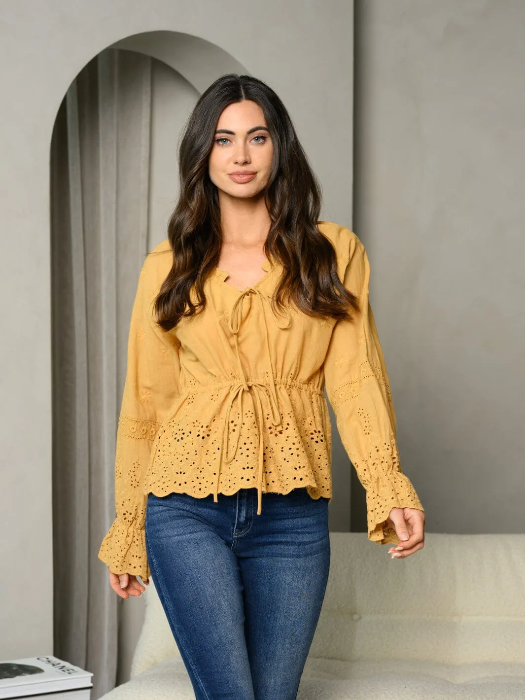 WOMEN'S LONG SLEEVE EYELET LACE NECK TIE TOP