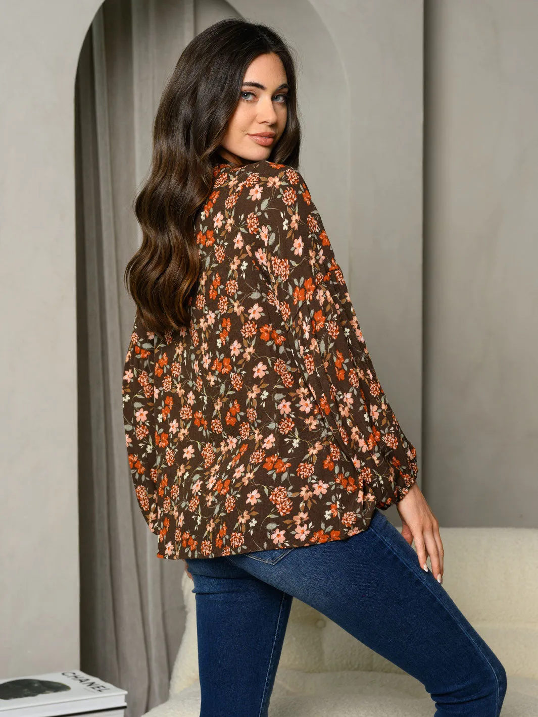 WOMEN'S LONG SLEEVE FLORAL PRINT TUNIC TOP