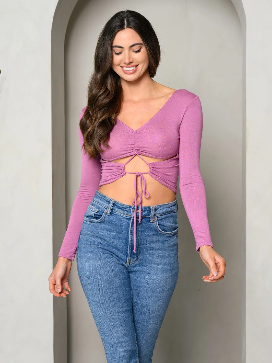 WOMEN'S LONG SLEEVE FRONT CUT OUT CROP TOP
