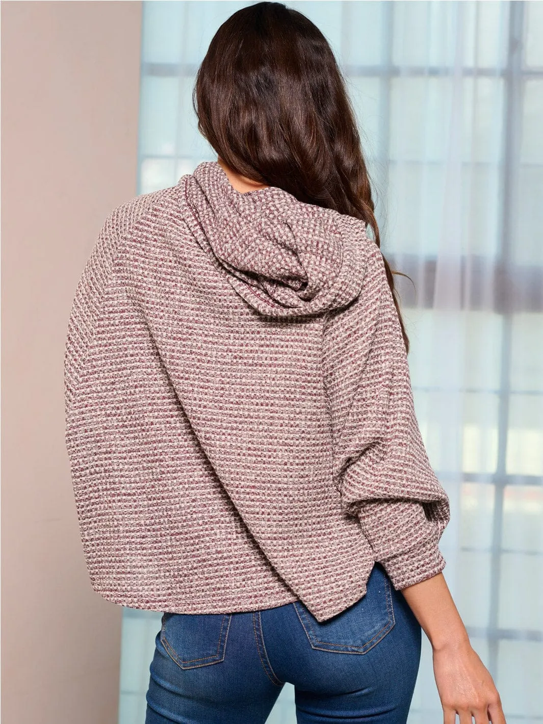 WOMEN'S LONG SLEEVE HOODED LOOSE FIT WAFFLE TOP