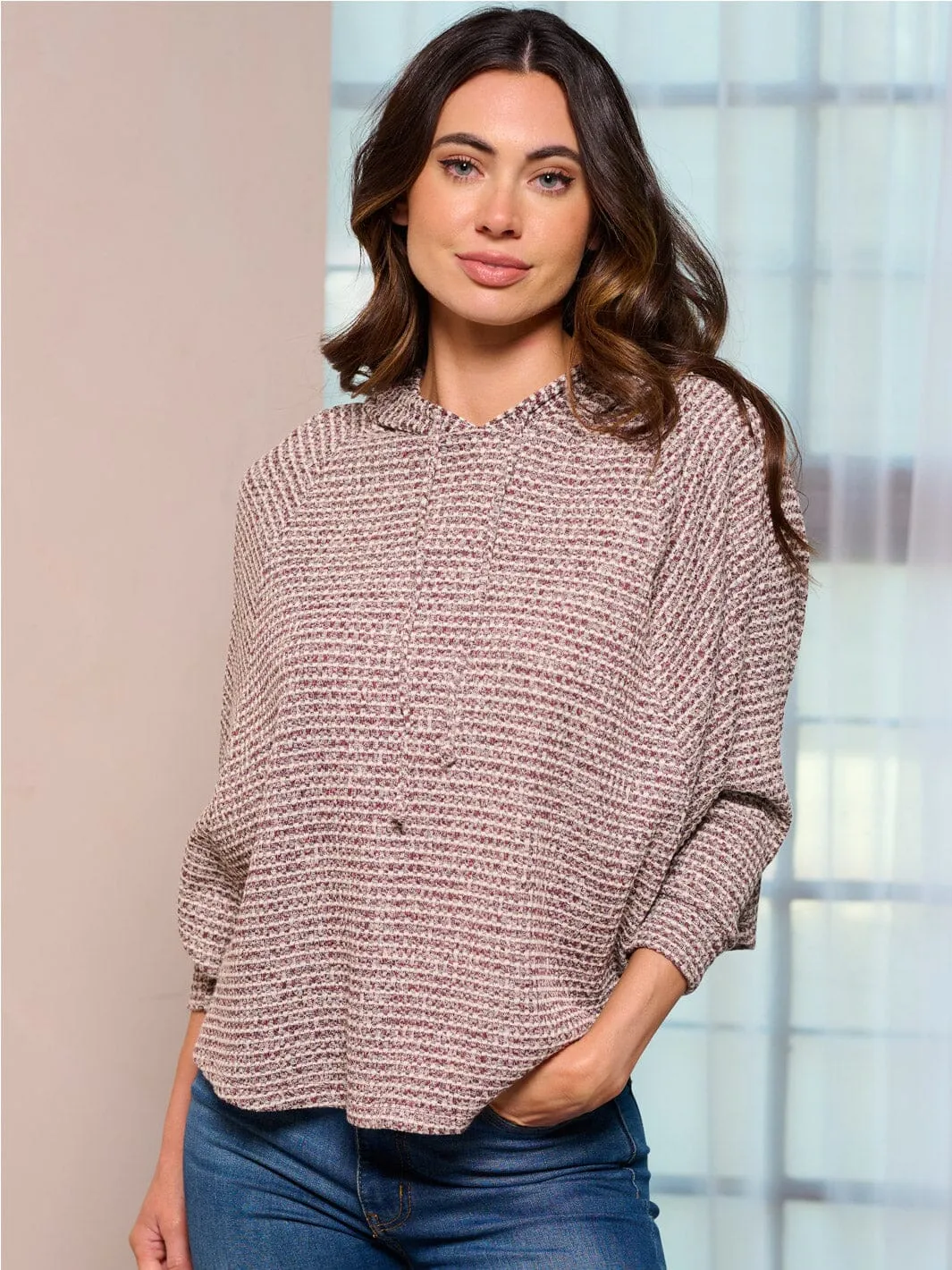 WOMEN'S LONG SLEEVE HOODED LOOSE FIT WAFFLE TOP
