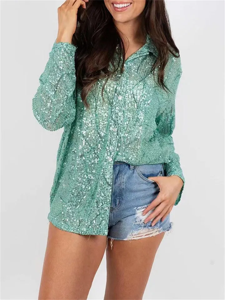Women's Long Sleeve Lapel Temperament Sequin Blouses