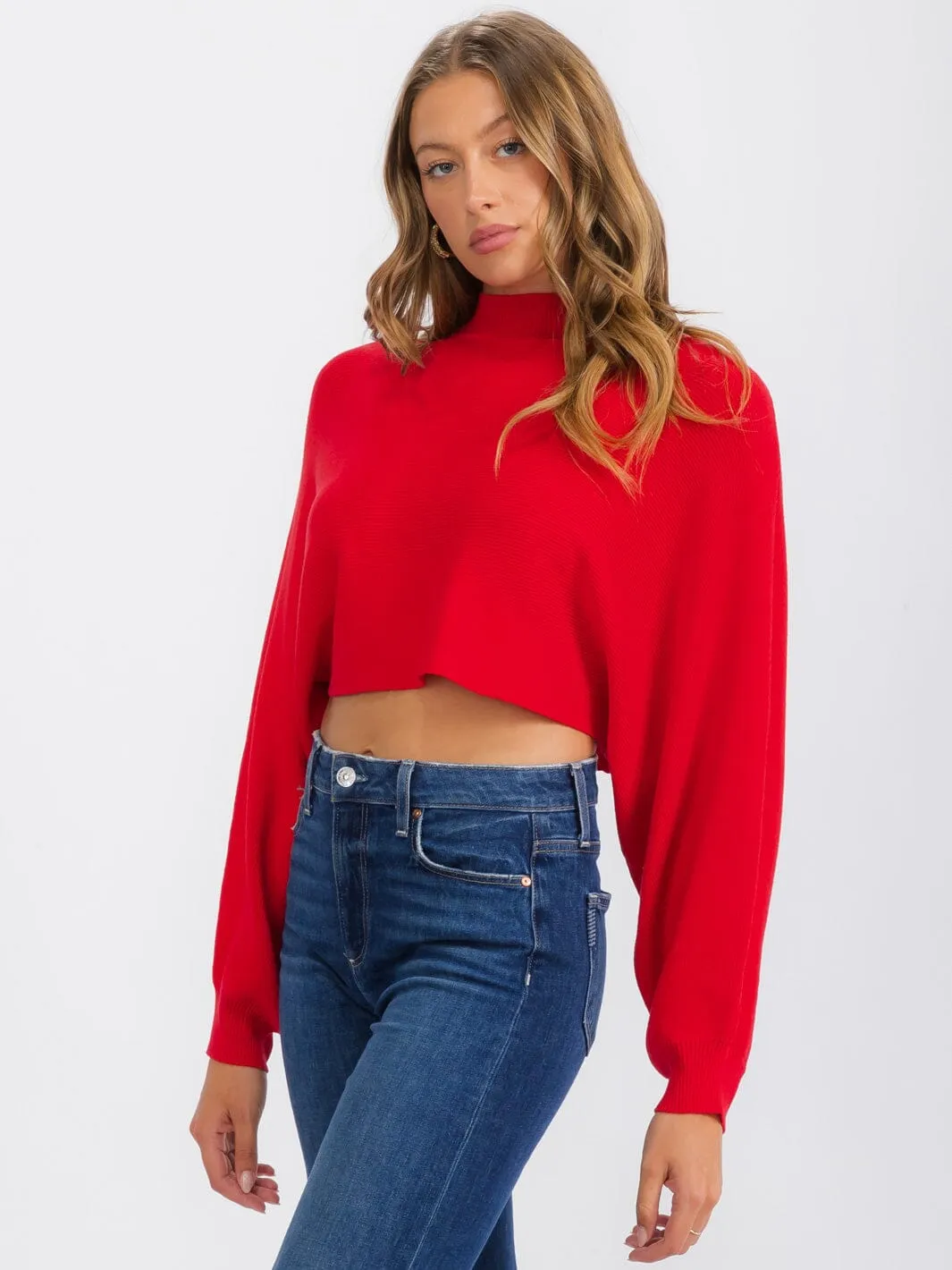 WOMEN'S LONG SLEEVE MOCK NECK KNIT CROP TOP