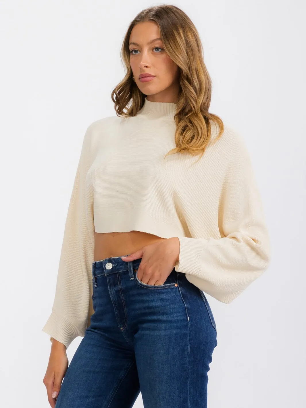 WOMEN'S LONG SLEEVE MOCK NECK KNIT CROP TOP