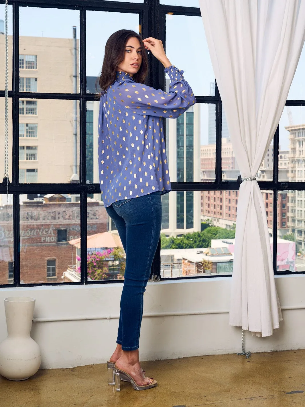 WOMEN'S LONG SLEEVE MOCK NECK SHIMMER POLKA DOTS BLOUSE TOP