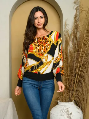 WOMEN'S LONG SLEEVE MULTI PRINT SMOCK TOP