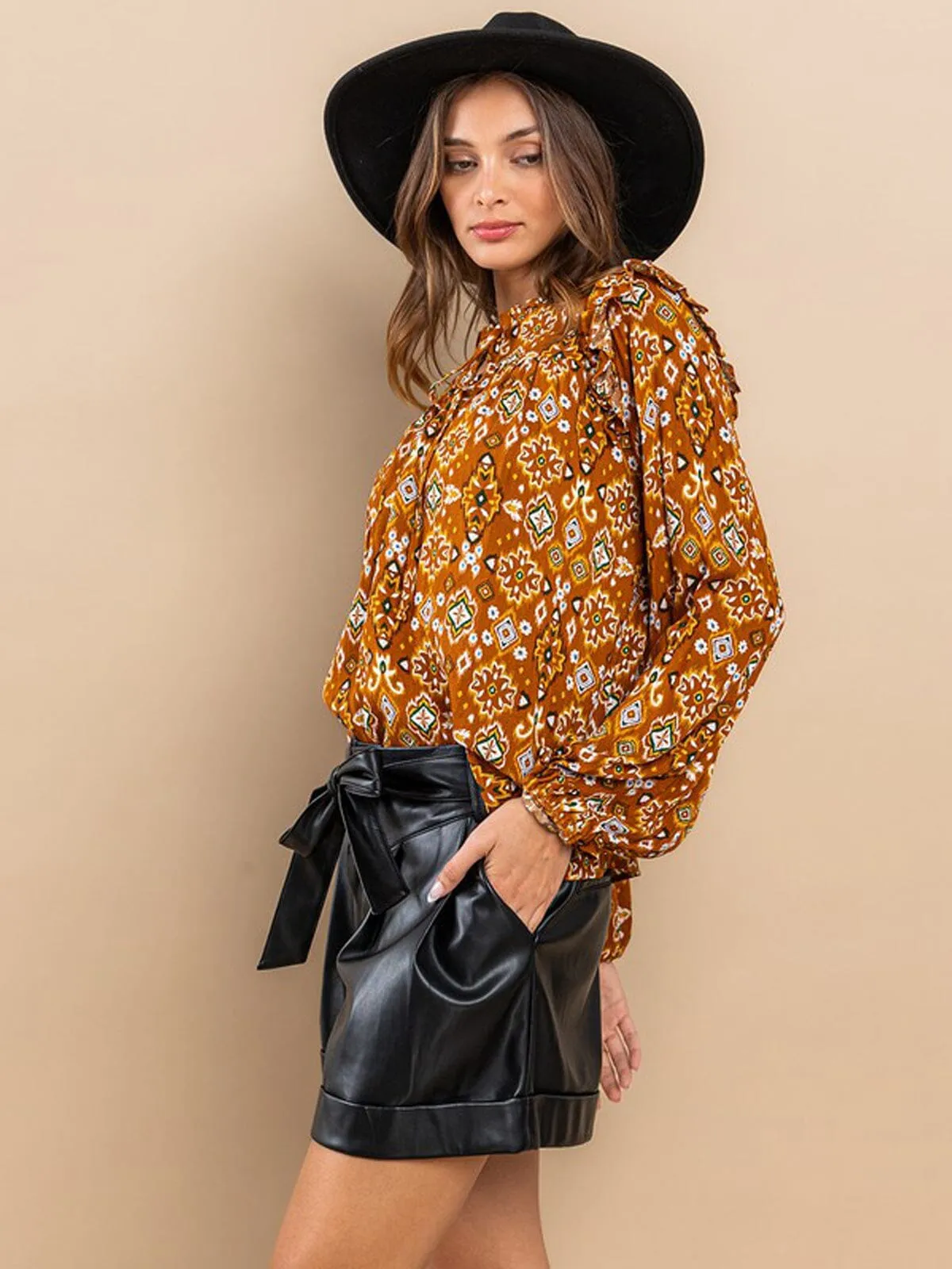 WOMEN'S LONG SLEEVE NECK TIE RUFFLE MULTI PRINT BLOUSE TOP