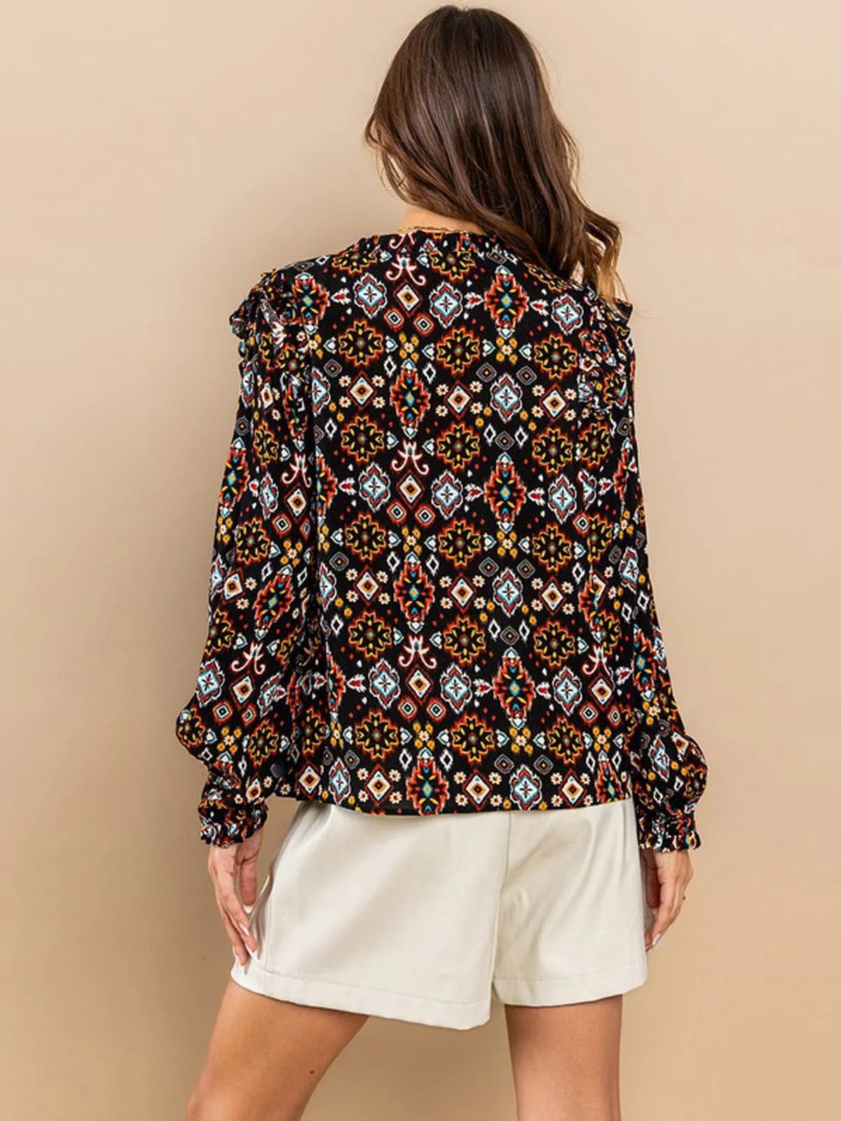 WOMEN'S LONG SLEEVE NECK TIE RUFFLE MULTI PRINT BLOUSE TOP
