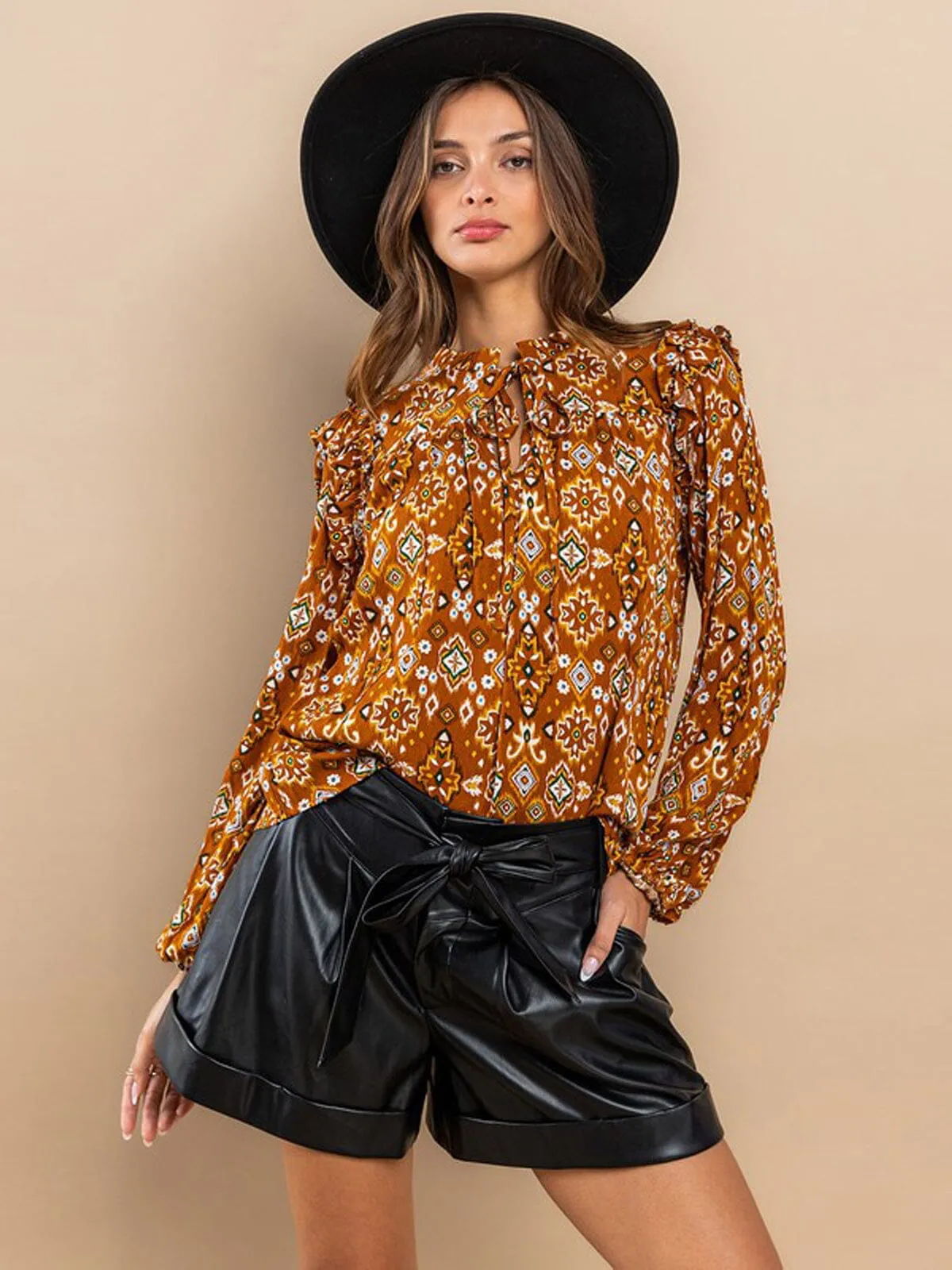WOMEN'S LONG SLEEVE NECK TIE RUFFLE MULTI PRINT BLOUSE TOP