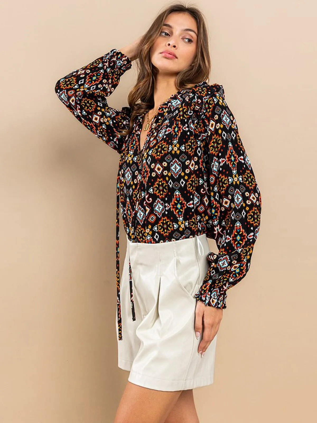 WOMEN'S LONG SLEEVE NECK TIE RUFFLE MULTI PRINT BLOUSE TOP