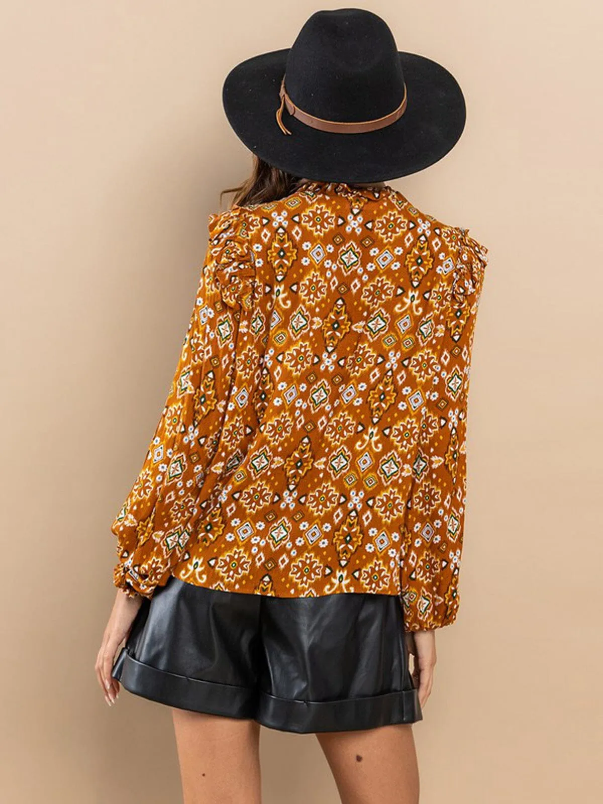 WOMEN'S LONG SLEEVE NECK TIE RUFFLE MULTI PRINT BLOUSE TOP