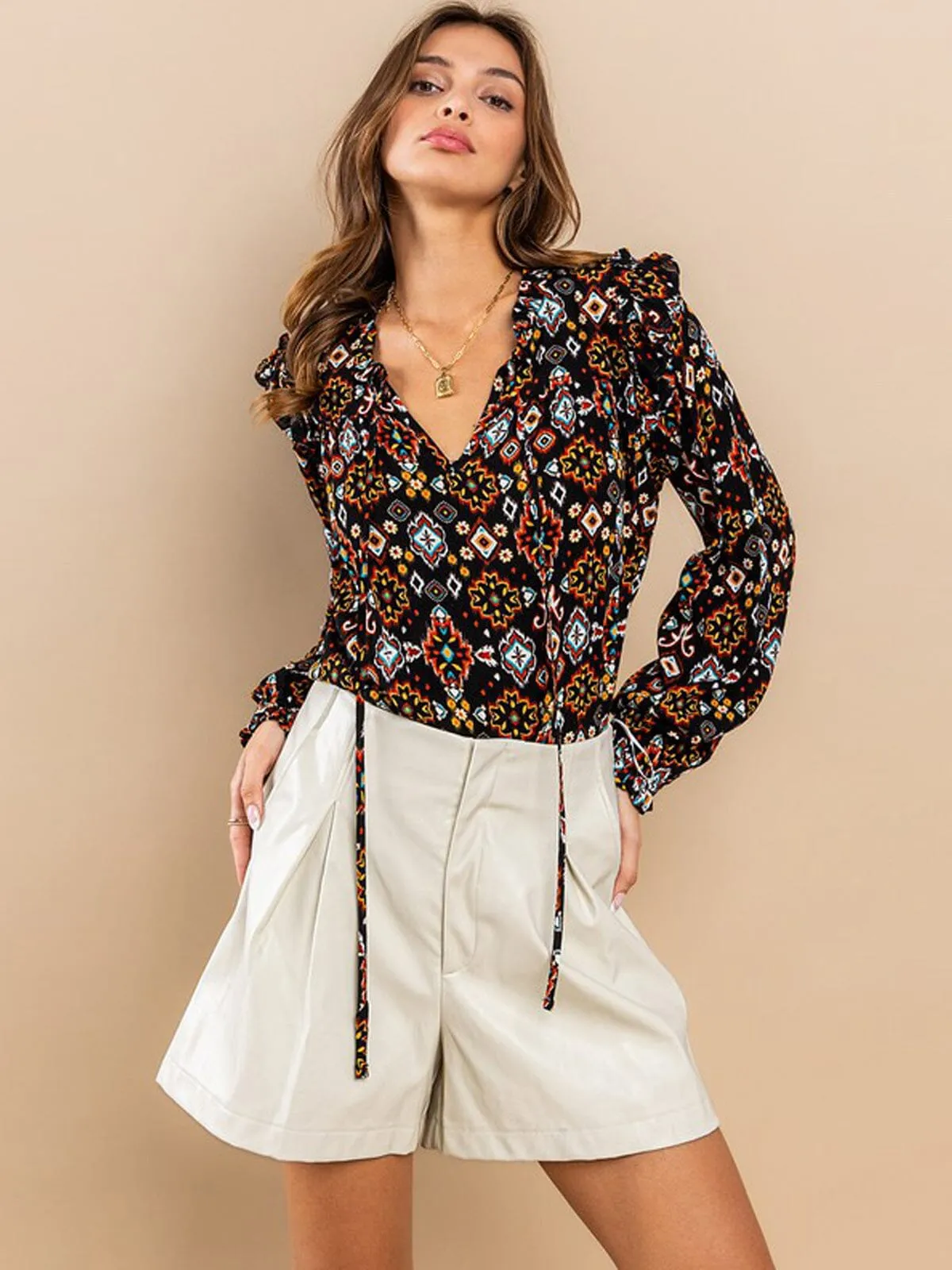 WOMEN'S LONG SLEEVE NECK TIE RUFFLE MULTI PRINT BLOUSE TOP
