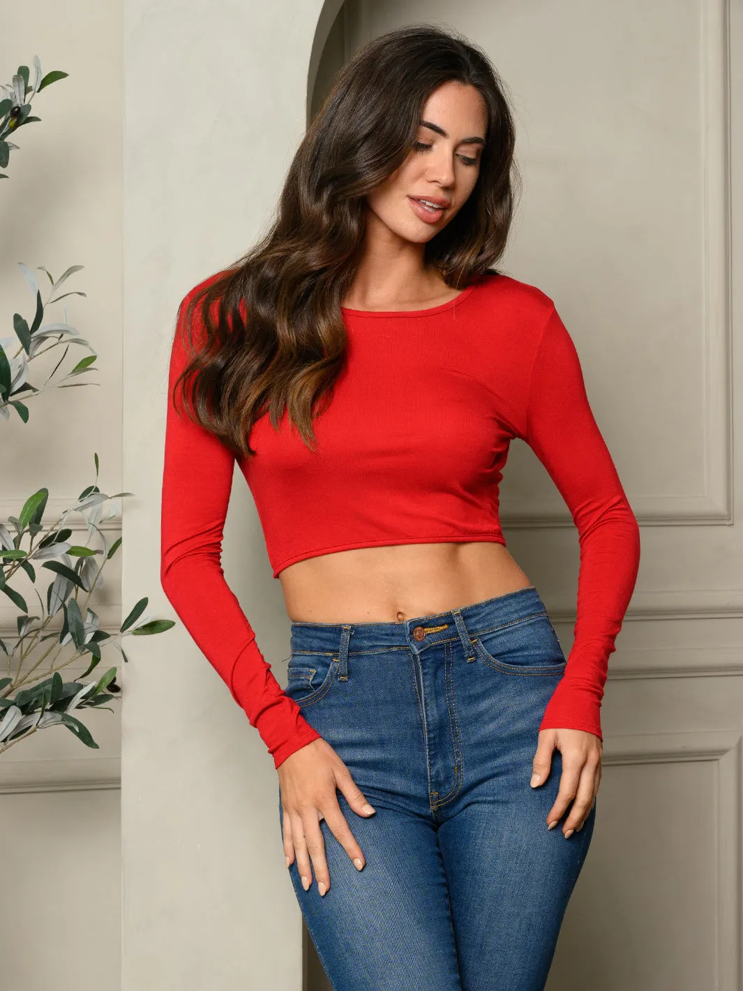 WOMEN'S LONG SLEEVE OPEN BACK CROP TOP