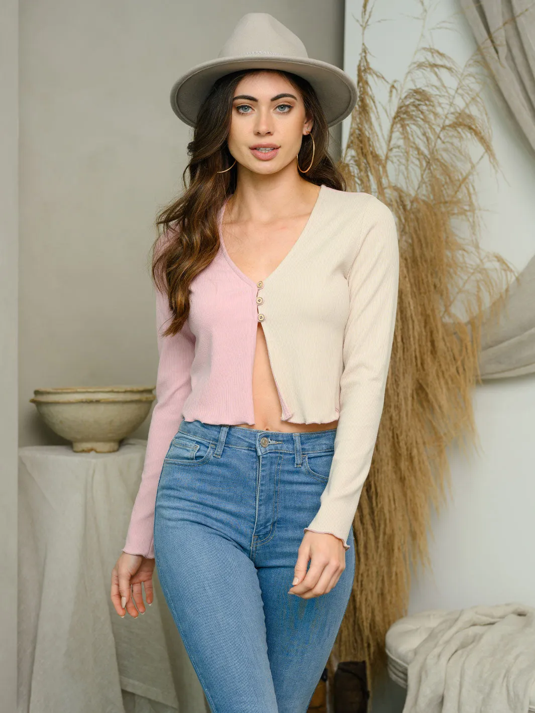 WOMEN'S LONG SLEEVE OPEN FRONT COLOR BLOCK TOP