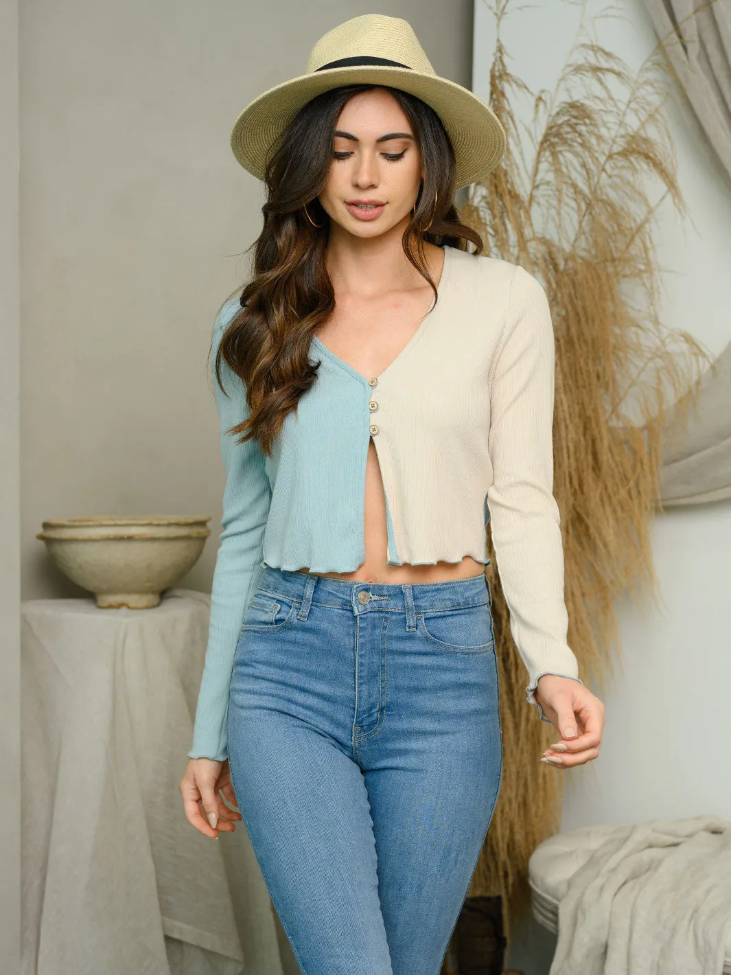 WOMEN'S LONG SLEEVE OPEN FRONT COLOR BLOCK TOP