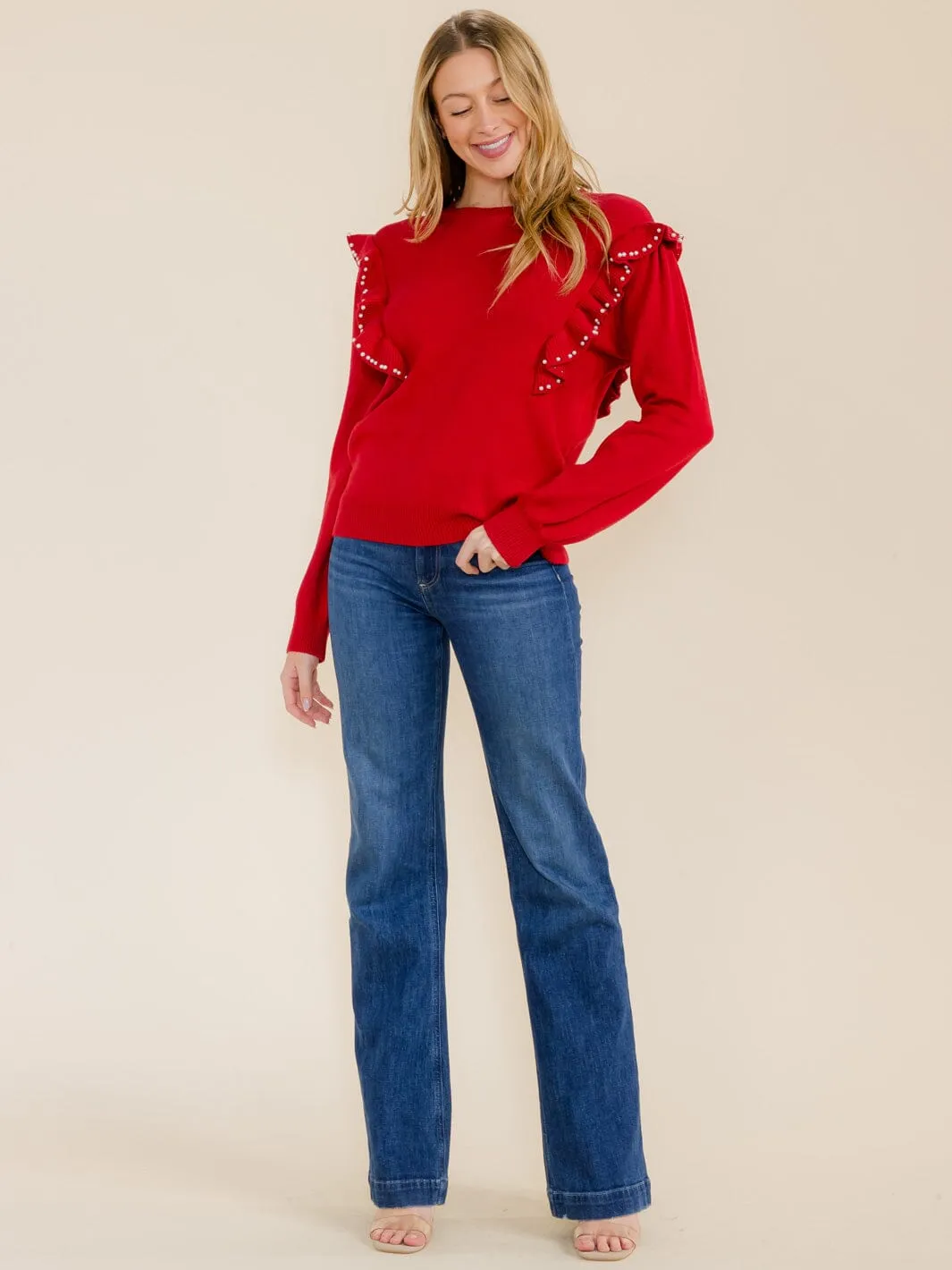 WOMEN'S LONG SLEEVE RUFFLE PEARL TRIM BLOUSE