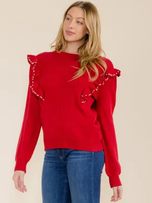 WOMEN'S LONG SLEEVE RUFFLE PEARL TRIM BLOUSE
