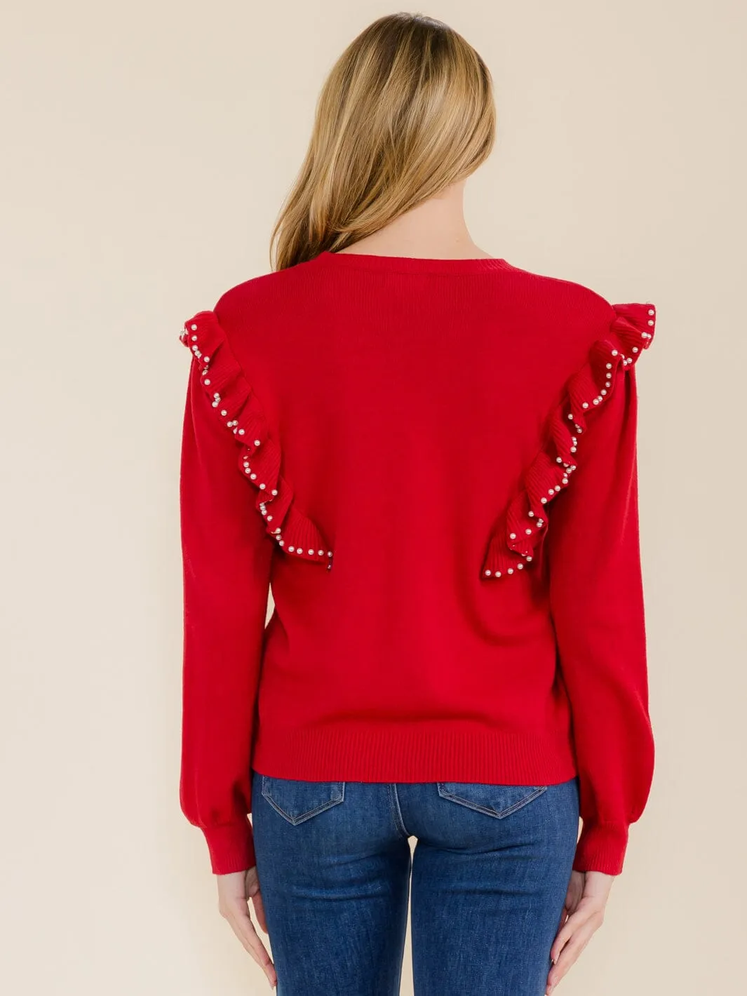 WOMEN'S LONG SLEEVE RUFFLE PEARL TRIM BLOUSE
