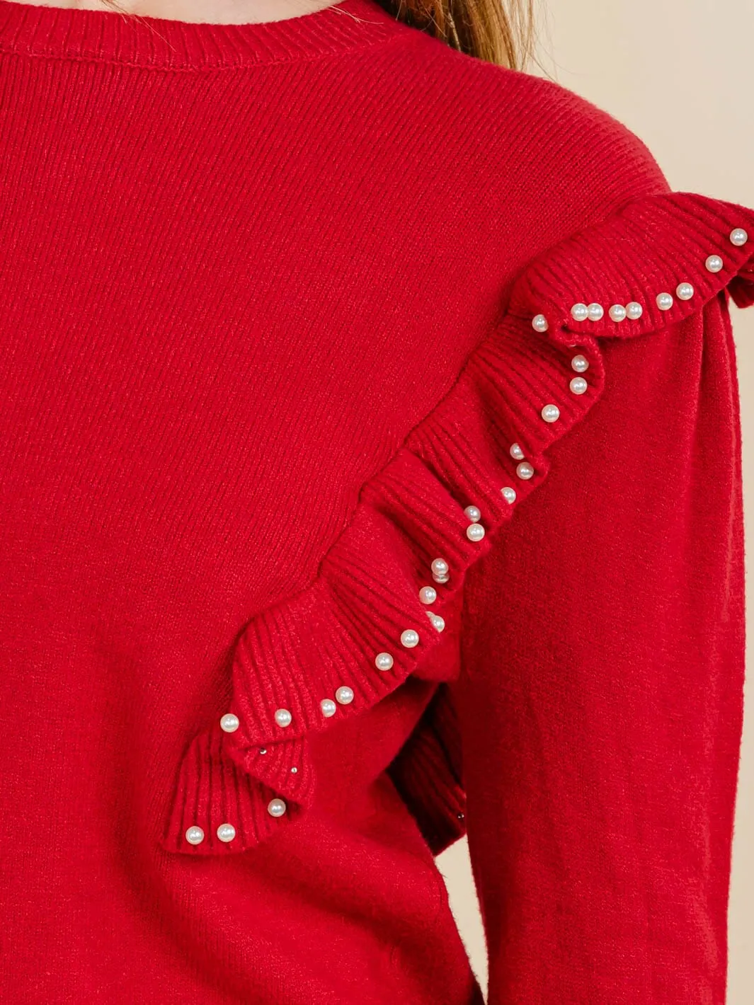WOMEN'S LONG SLEEVE RUFFLE PEARL TRIM BLOUSE