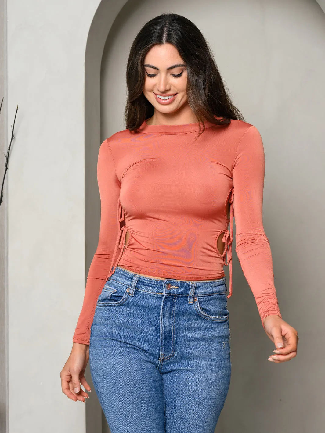 WOMEN'S LONG SLEEVE SIDE SELF TIE CUT OUT TOP