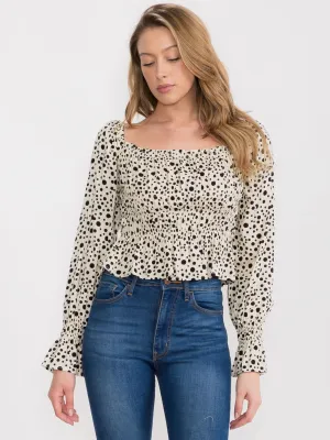WOMEN'S LONG SLEEVE SMOCK ANIMAL PRINT BLOUSE