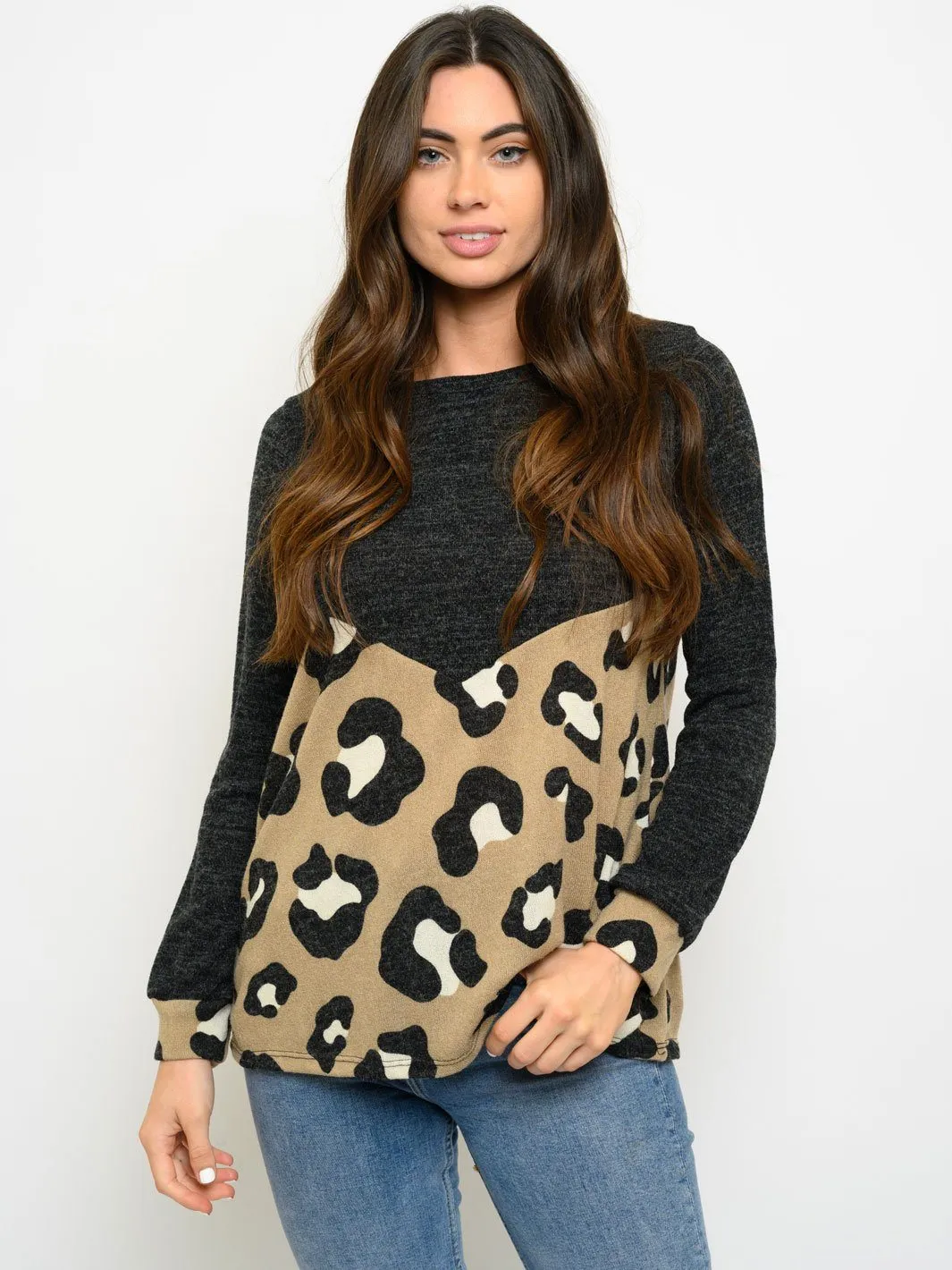 WOMEN'S LONG SLEEVE SOLID ANIMAL PRINT CONTRAST TOP