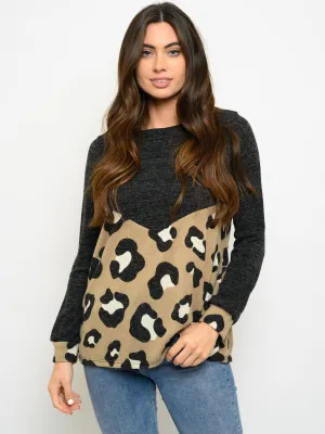 WOMEN'S LONG SLEEVE SOLID ANIMAL PRINT CONTRAST TOP