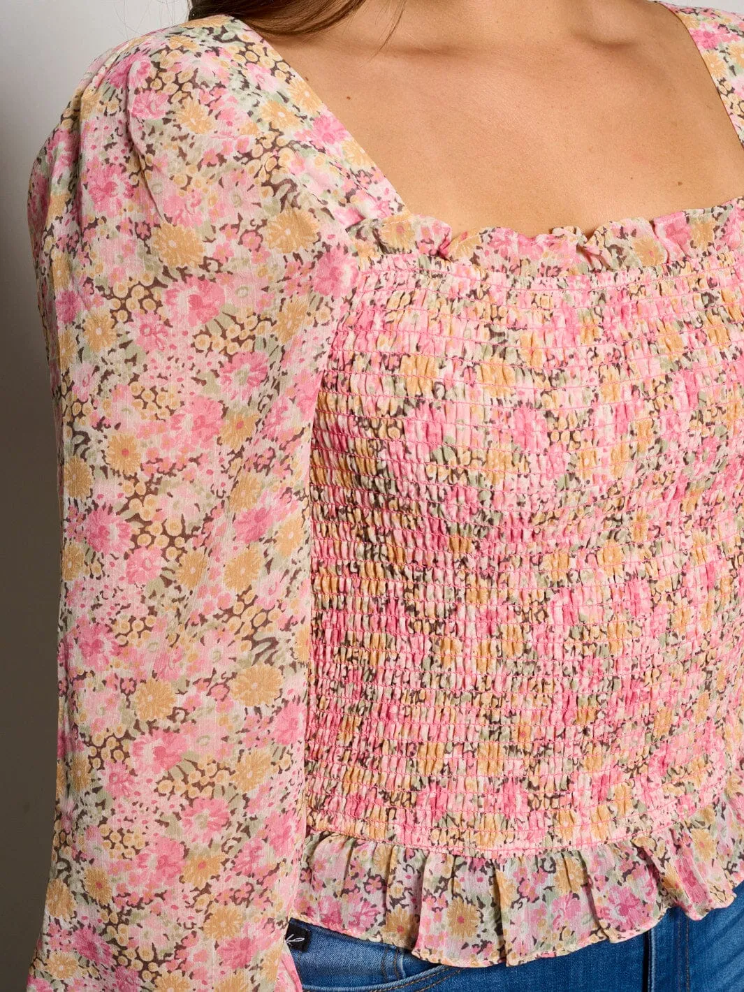 WOMEN'S LONG SLEEVE SQUARE NECK SMOCK FLORAL BLOUSE TOP