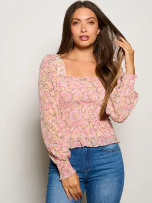 WOMEN'S LONG SLEEVE SQUARE NECK SMOCK FLORAL BLOUSE TOP