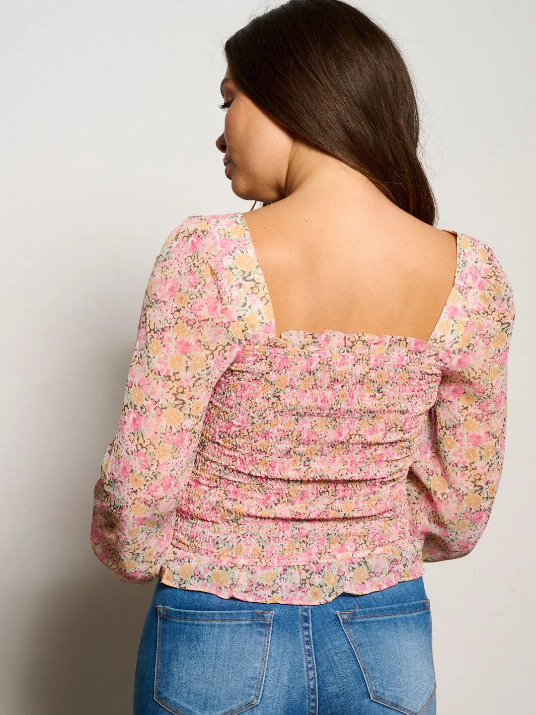 WOMEN'S LONG SLEEVE SQUARE NECK SMOCK FLORAL BLOUSE TOP