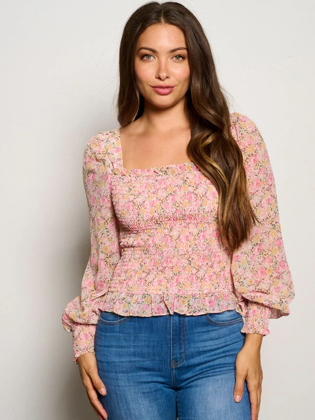 WOMEN'S LONG SLEEVE SQUARE NECK SMOCK FLORAL BLOUSE TOP