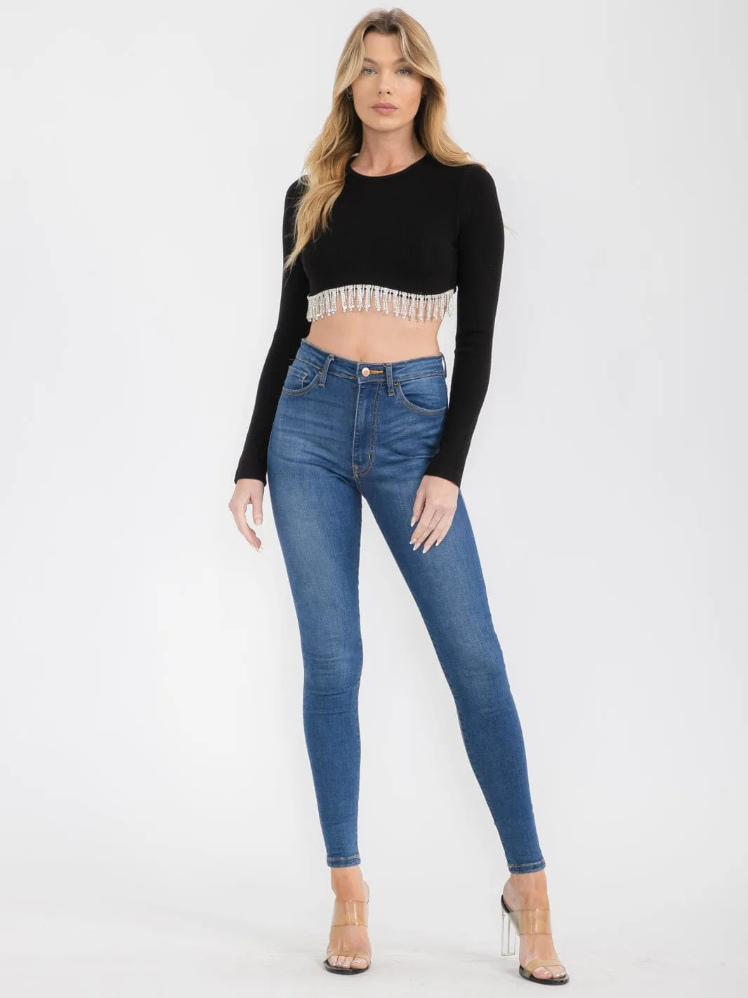 WOMEN'S LONG SLEEVE STUDS TRIM DETAILED CROP TOP