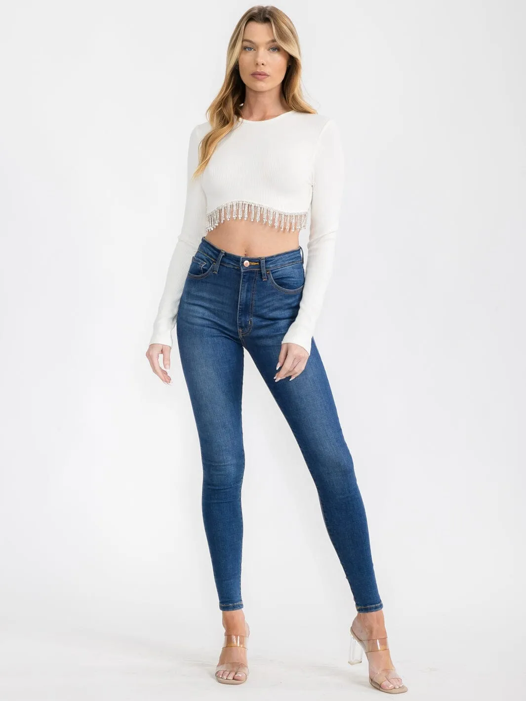 WOMEN'S LONG SLEEVE STUDS TRIM DETAILED CROP TOP