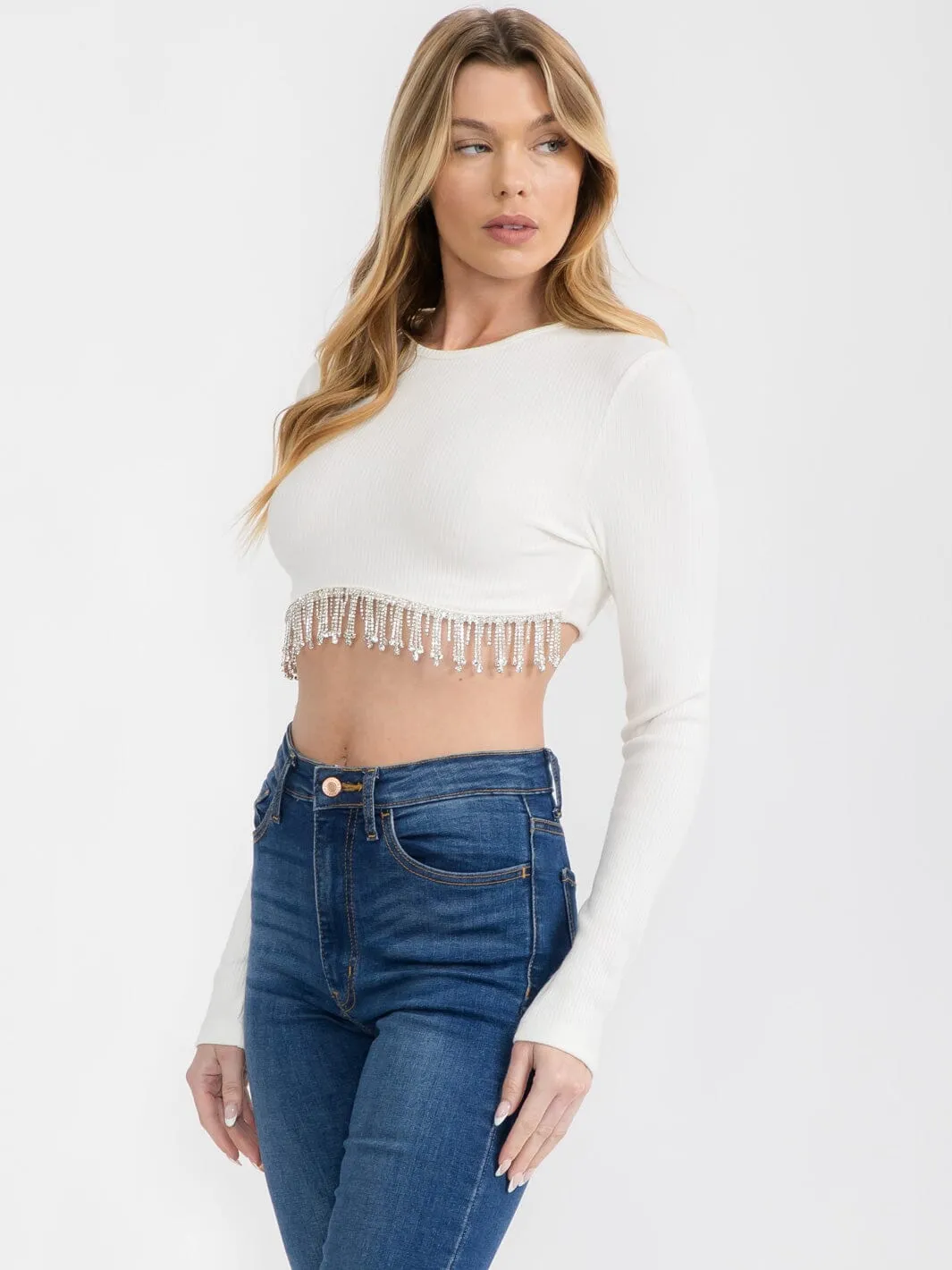 WOMEN'S LONG SLEEVE STUDS TRIM DETAILED CROP TOP