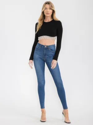 WOMEN'S LONG SLEEVE STUDS TRIM DETAILED CROP TOP