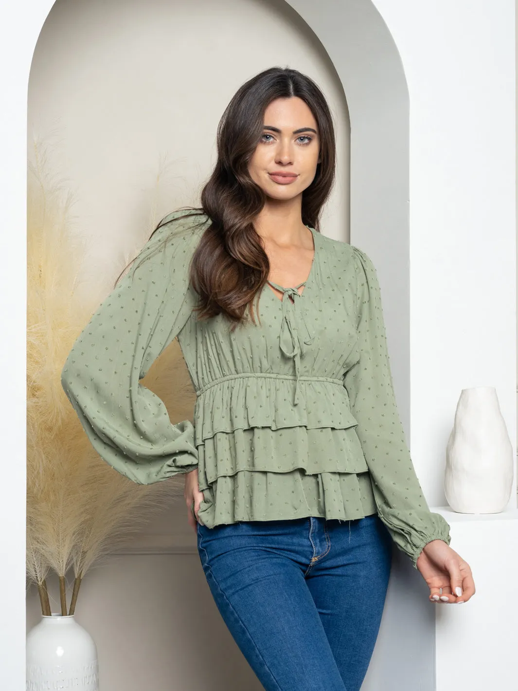 WOMEN'S LONG SLEEVE SWISS DOT TOP
