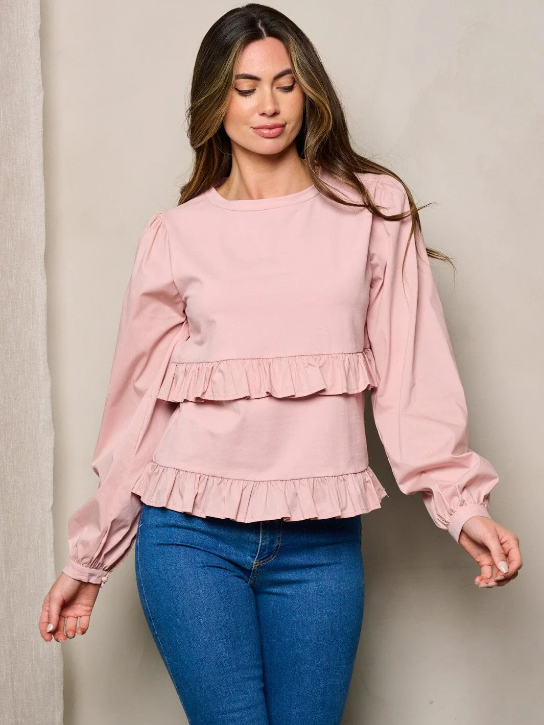 WOMEN'S LONG SLEEVES RUFFLE DETAILED TOP