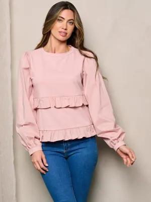 WOMEN'S LONG SLEEVES RUFFLE DETAILED TOP