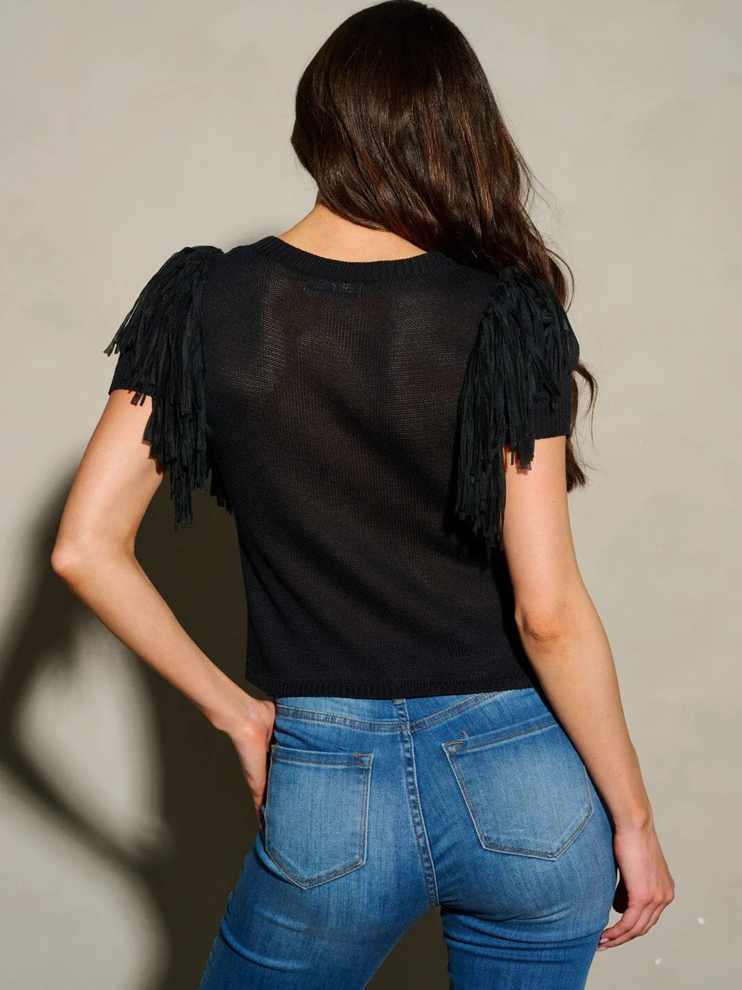 WOMEN'S SHORT FRINGE SLEEVE SOLID BLOUSE TOP