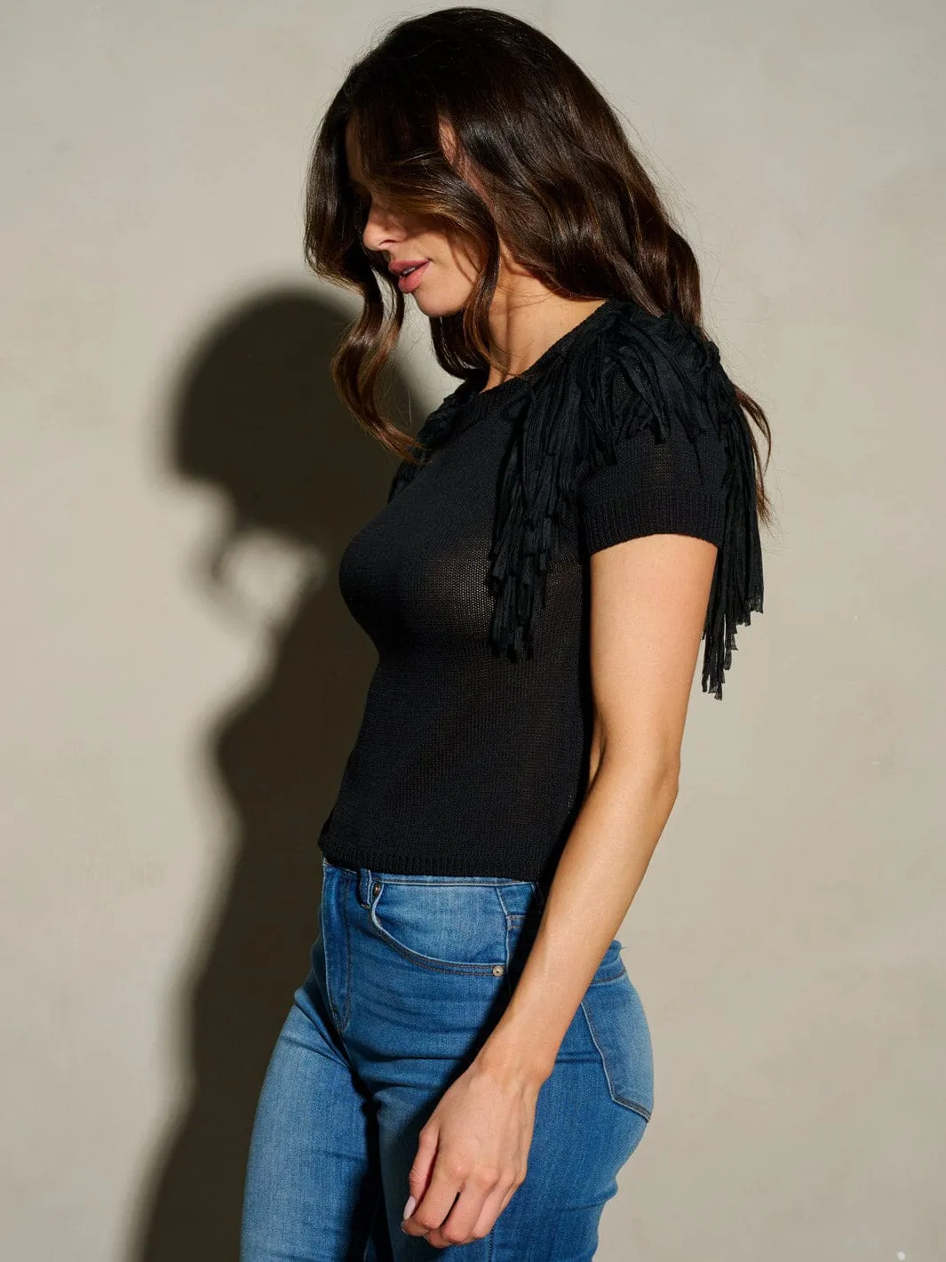 WOMEN'S SHORT FRINGE SLEEVE SOLID BLOUSE TOP
