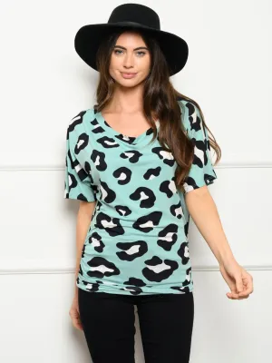WOMEN'S SHORT SLEEVE ANIMAL PRINT SIDE SHIRRING TOP