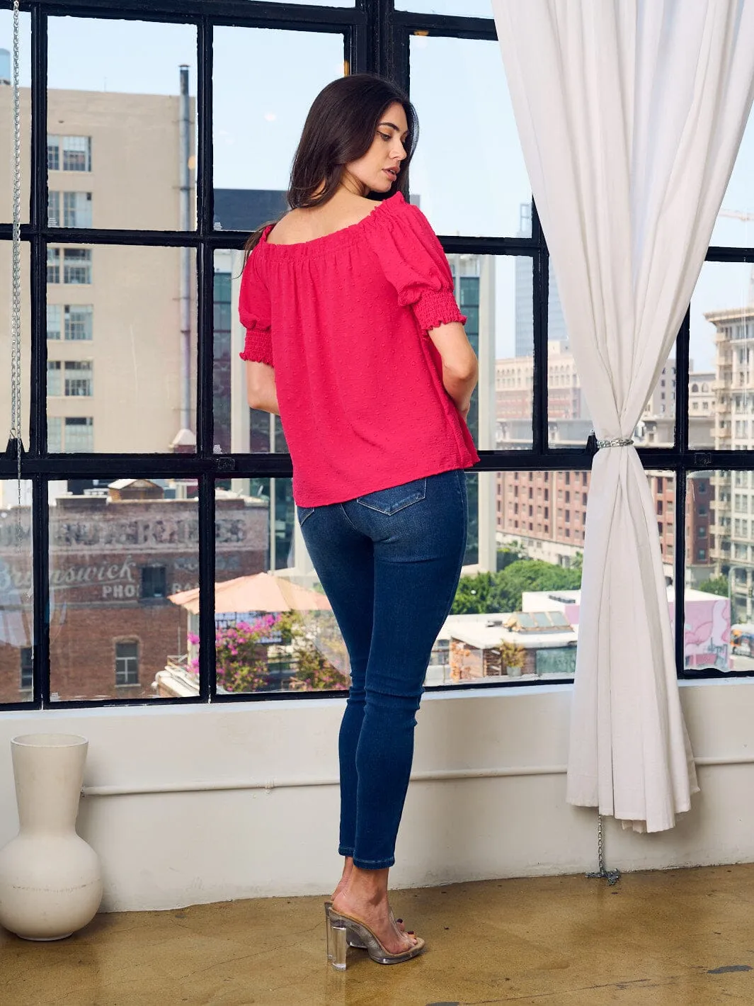 WOMEN'S SHORT SLEEVE SQUARE NECK SWISS DOT BLOUSE TOP