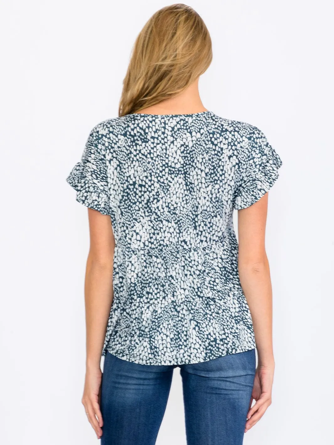 WOMEN'S SHORT SLEEVE TIERED ANIMAL PRINT BLOUSE TOP