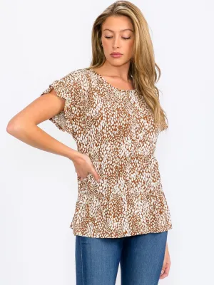 WOMEN'S SHORT SLEEVE TIERED ANIMAL PRINT BLOUSE TOP