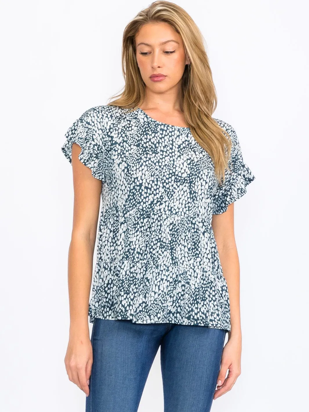 WOMEN'S SHORT SLEEVE TIERED ANIMAL PRINT BLOUSE TOP