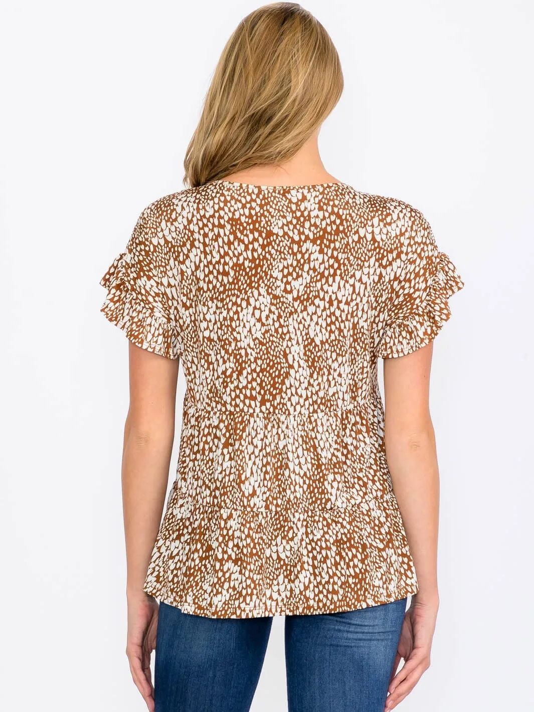 WOMEN'S SHORT SLEEVE TIERED ANIMAL PRINT BLOUSE TOP