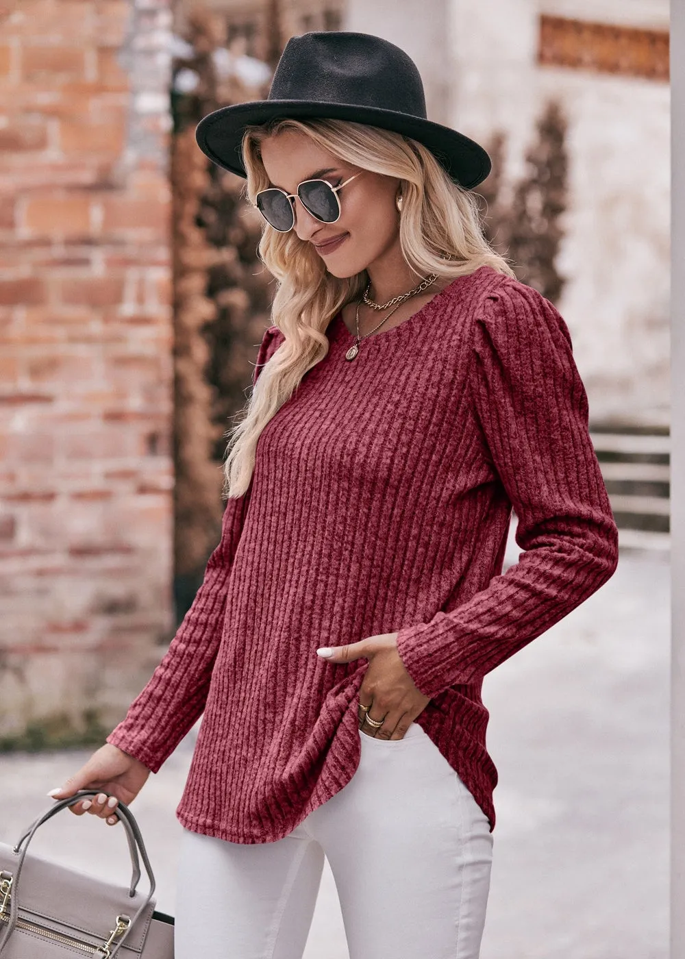 Women's Sweater Puff Long Sleeve Shirts Casual Knit Blouses Crew Neck Elegant Tunic Tops