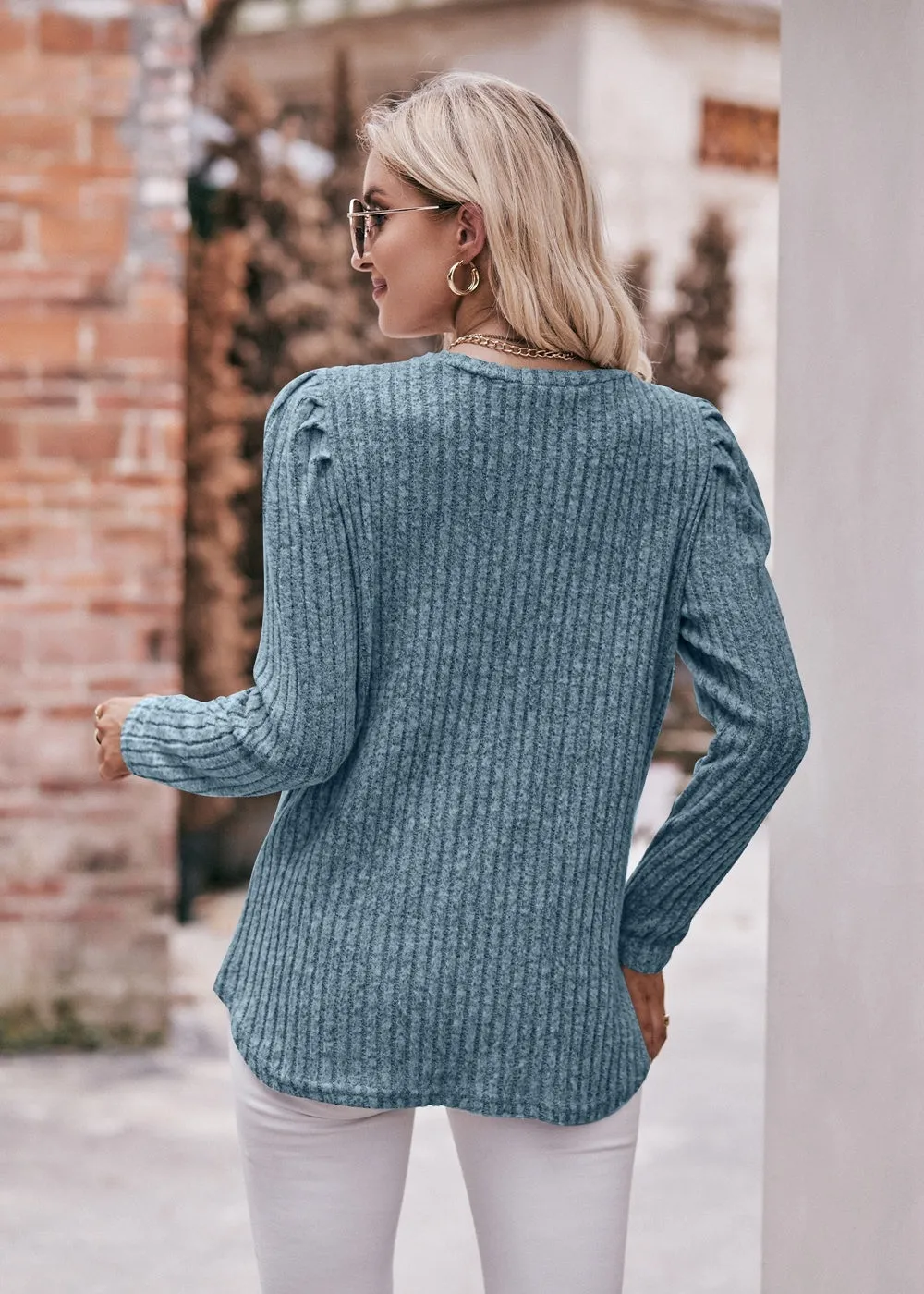Women's Sweater Puff Long Sleeve Shirts Casual Knit Blouses Crew Neck Elegant Tunic Tops