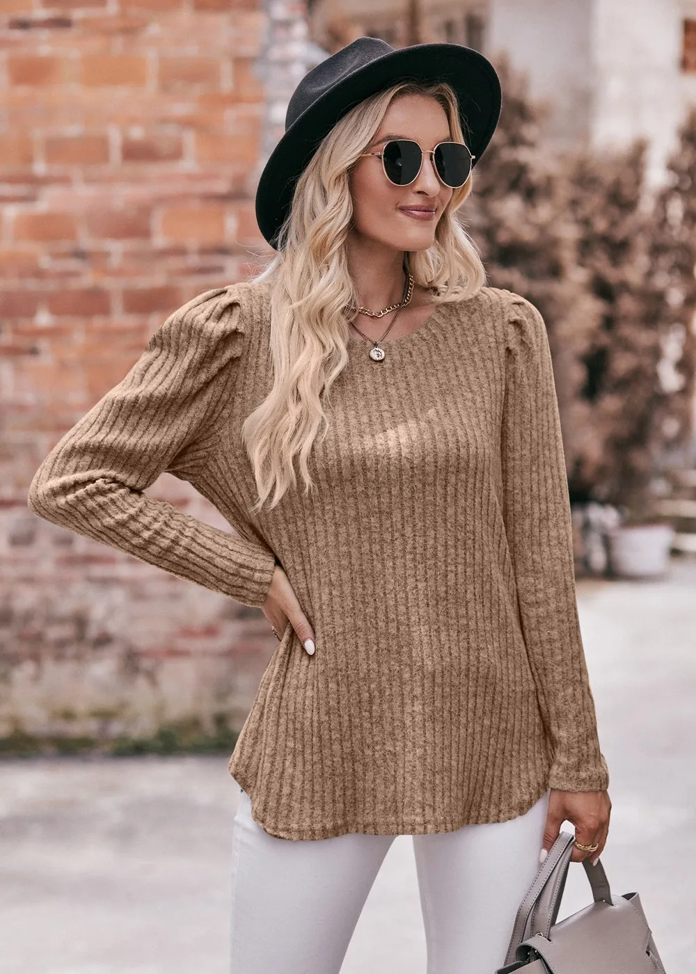 Women's Sweater Puff Long Sleeve Shirts Casual Knit Blouses Crew Neck Elegant Tunic Tops